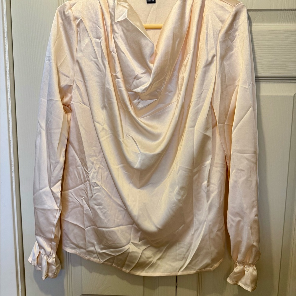 Cream Long Sleeve Blouse with Puff Sleeves and Draped Neckline